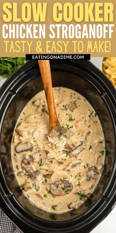 slow cooker chicken stroganooffe in a crock pot with text overlay