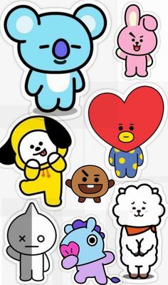 some stickers with different types of animals and hearts on them, all in various colors