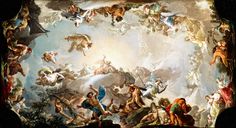 a painting with many people on it in the middle of an ornately decorated ceiling