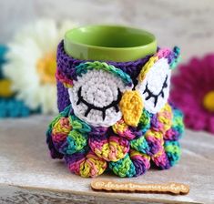 a crocheted owl coffee cup holder sits on a table next to some flowers