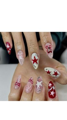 Red Stars Nails, Sagittarius Nails, Diy Nails Easy, Stars Nails, Red Stars, Simple Gel Nails, Really Cute Nails, Long Square Acrylic Nails, Hot Nails