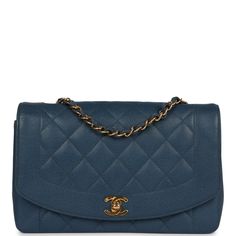 This Vintage Medium Diana Flap Bag is in blue in caviar with gold plated hardware, front flap with CC turnlock closure, single insert back pocket and adjustable interwoven gold plated chain link and Blue caviar leather shoulder/crossbody strap The interior is lined in Blue leather and includes one zip pocket with CC logo pull and one slip pocket on the back wall.Collection: 5-series (1997-1999)Origin: FranceCondition: Vintage; Excellent- This bag retain its shape, no plastic on hardware resultin Chanel Box, Chanel Vintage, Handbag Wallet, Wallet Accessories, Vintage Chanel, Gold Plated Chains, Flap Bag, Blue Bags, Handbag Backpack