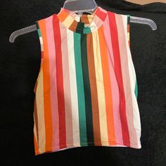 Striped Mock Neck Top. Very Stretchy. Casual Rainbow Print Top For Fall, Trendy Striped Tops With Rainbow Print, Trendy Striped Rainbow Print Tops, Trendy Rainbow Print Striped Tops, Fitted Casual Tops With Rainbow Print, Casual Fitted Top With Rainbow Print, Retro Multicolor Tops With Rainbow Print, Casual Fitted Rainbow Print Tops, Retro Multicolor Rainbow Print Top