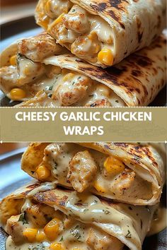 grilled chicken wraps are stacked on top of each other