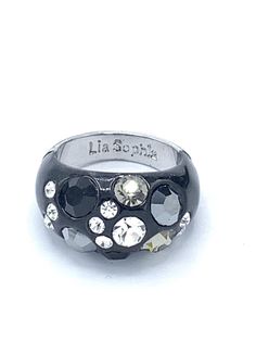 Gorgeous collectible Lia Sophia black and crystal ring, vintage Black Metal Crystal Round Ring, Black Metal Crystal Ring, Sophia Black, Lia Sophia, Silver Spring, Rhinestone Earrings, Crystal Rings, Multi Stone Ring, White Enamel