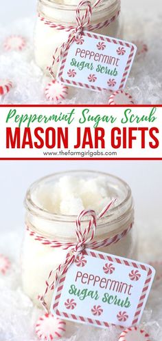 homemade peppermin sugar scrub in a mason jar with christmas tags on the top and bottom