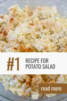 the recipe for potato salad is in a glass bowl with text overlay that reads, recipe for potato salad read more