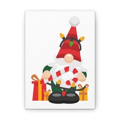 a card with an image of a santa clause holding candy canes and christmas presents