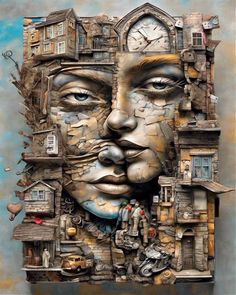 a painting of a man's face with many different things on it