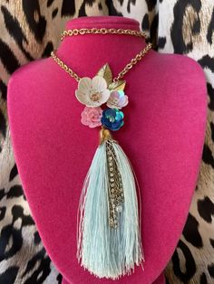 Betsey Johnson Beach Party Sequin Flower Light Blue Tassel Leaf Long Necklace | eBay Adjustable Bohemian Flower Necklace For Party, Bohemian Adjustable Flower Necklace For Parties, Spring Party Jewelry With Flower Decoration, Chic Spring Vacation Jewelry, Spring Party Jewelry With Flower Charm, Spring Flower Charm Jewelry For Parties, Spring Bohemian Turquoise Jewelry, Spring Party Blue Jewelry, Chic Adjustable Tassel Necklace As A Gift