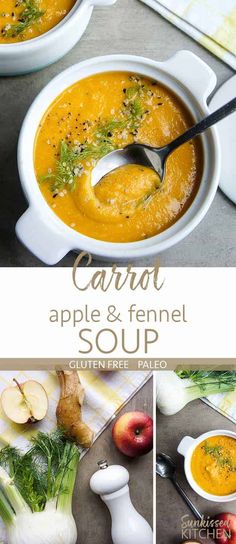 carrot, apple and fennel soup in white bowls