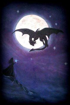 a painting of a dragon flying in front of a full moon with a person looking at it