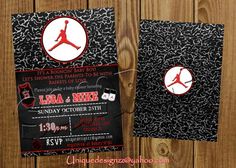 an air jordan themed birthday party with black and white paper on the front, red and silver foil