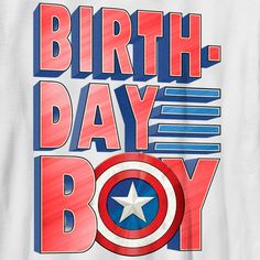 a white shirt with the words birth - day boy on it and an image of captain america's shield