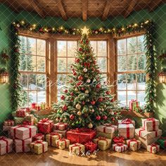 a christmas tree surrounded by presents in front of a window