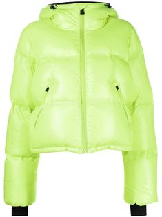 neon yellow quilted finish padded design front zip fastening classic hood long sleeves cropped Designer Denim Jacket, Bubble Coat, Yellow Quilts, Black Tweed, Ski Suits, Padded Coat, Green Jacket, Down Jacket, Outerwear Jackets