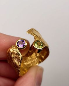 A stunning Faerie Tale Ring,18ct yellow gold plated, set with stunning 4mm Amethyst & Peridot gemstones. This is a made to order ring - allow approx 4 weeks for delivery Jewelry Smithing, Maximalist Jewelry, Clothes Details, Silver Jewelry Accessories, Jewellery Ring, Summer Ootd, Gold Rings Jewelry, Contemporary Ring, Jewelry Accessories Ideas