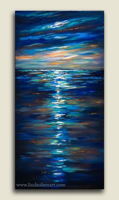 an abstract painting with blue and orange colors on the water at night, it is painted in