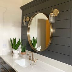 a bathroom sink with a mirror and two plants