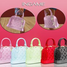 four different colors of purses on display in front of a pink background with the caption insme