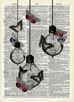 three light bulbs with butterflies hanging from them on an old book page in the shape of a