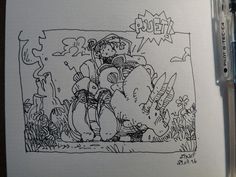 a pen drawing of a cartoon scene with two people in the background and one person holding a camera