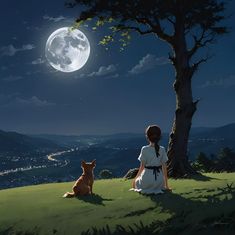 a woman sitting next to a dog on top of a lush green hillside under a full moon