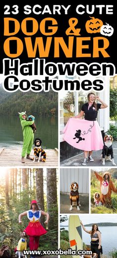 halloween costumes for dogs and cats with text overlay that reads, 23 scary cute dog & owner halloween costumes