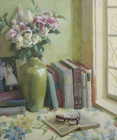 a painting of flowers in a vase next to books