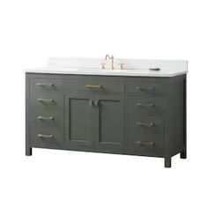 an image of a bathroom vanity with two sinks and drawers on the front, side view