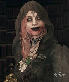 a creepy looking woman with blood on her face