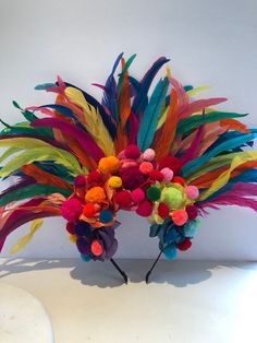 a headdress made out of multicolored feathers and pom - poms