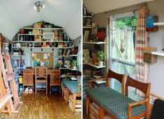 two pictures side by side, one with chairs and the other with bookshelves