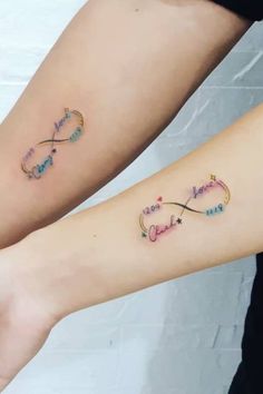 two people with matching tattoos on their legs