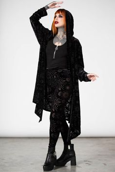 Velvet Cardigan, 2010 Fashion, Burnout Fabric, Perfect Dark, Dark Outfits, Hooded Cardigan, Orange Hair, Goth Outfits, Top Beauty Products