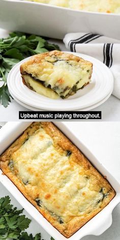 an image of a casserole dish with spinach and cheese in it, before and after baking