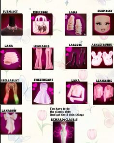 an image of barbie doll clothes and accessories in pinks, purples and whites