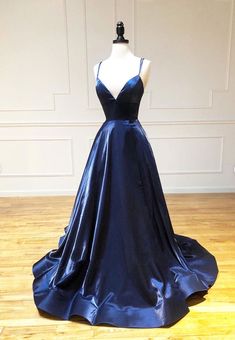 Simple Satin Long Prom Dresses Navy Blue Prom Dress, Navy Blue Prom, Navy Blue Prom Dresses, Satin Evening Gown, Custom Prom Dress, Simple Prom Dress, Spaghetti Strap Prom Dress, Marine Uniform, Blue Evening Dresses