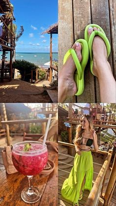 a collage of photos with different types of food and drinks in them, including a woman's feet wearing lime green sandals