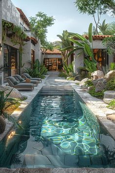 an outdoor swimming pool surrounded by greenery