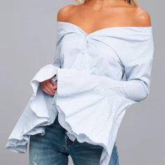 Never Worn Lulus Bell Sleeve Top Blue Off-shoulder Tops For Spring, Striped Off-shoulder Top For Spring, Blue Tops For Daytime Spring, Blue Tops For Daytime In Spring, Chic Blue Tops For Daytime, Yellow Floral Top, Bubble Sleeve Top, Business Casual Top, Off The Shoulder Blouse