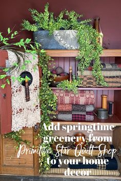 a book shelf filled with books and plants