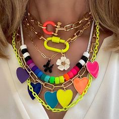 Style Année 80, Heart Charm Necklace, Layering Necklaces, Rainbow Jewelry, Neon Rainbow, Funky Jewelry, Enamel Jewelry, Bijoux Diy, Mode Inspiration