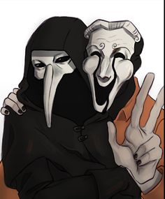 two people wearing masks making the v for vendes gesture with their hands and fingers