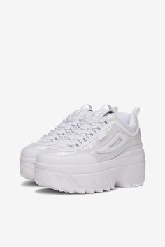 Luxury White-sole Platform Sneakers In Synthetic, Platform Tennis Shoes, Platform Tennis, Fila Disruptor, Fila Disruptors, Fila Shoes, Sneakers For Women, Wedge Sneakers, Iconic Women