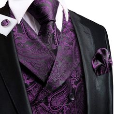 Purple and Black Paisley Jacquard Vest Set Vest set S (Chest 40)   - Sophisticated Gentlemen Hp Oc, Waistcoat Suit, Business Vest, Dress Vest, Purple Suits, Dark Wedding, Formal Suit, Vest And Tie, Purple Paisley