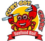 the crab got seafood boil logo is red and yellow with a cartoon crab holding a knife and fork