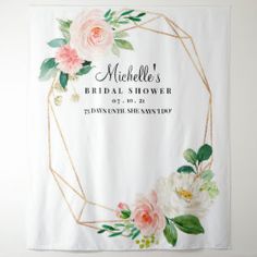 a floral bridal shower curtain hanging on a wall with the name and date printed on it