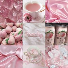 pink and white collage with coffee, candy, teacups and other items