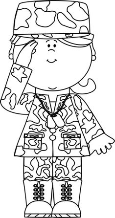 a coloring page with a boy in camouflage clothes